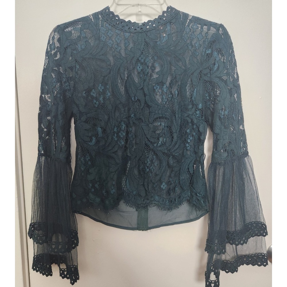 Peach Green Mesh Lace Illusion Long Sleeve Top Bell Ruffle Sleeve Large Feminine